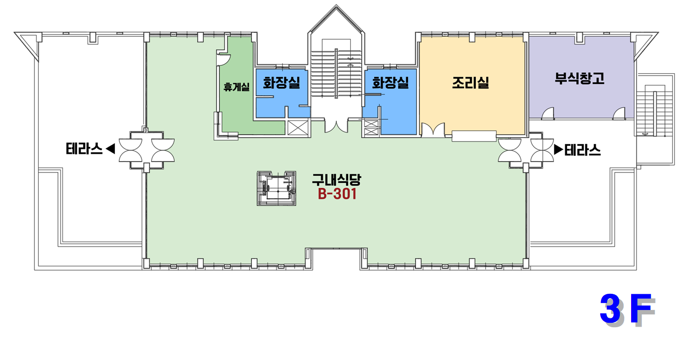 충북미래여성플라자B동 : 3층 - 좌측 상단부터 시계 방향으로 테라스, 휴게실, 화장실, 계단, 화장실, 조리실, 부식창고, 계단, 테라스, 구내식당(B-301), 엘리베이터