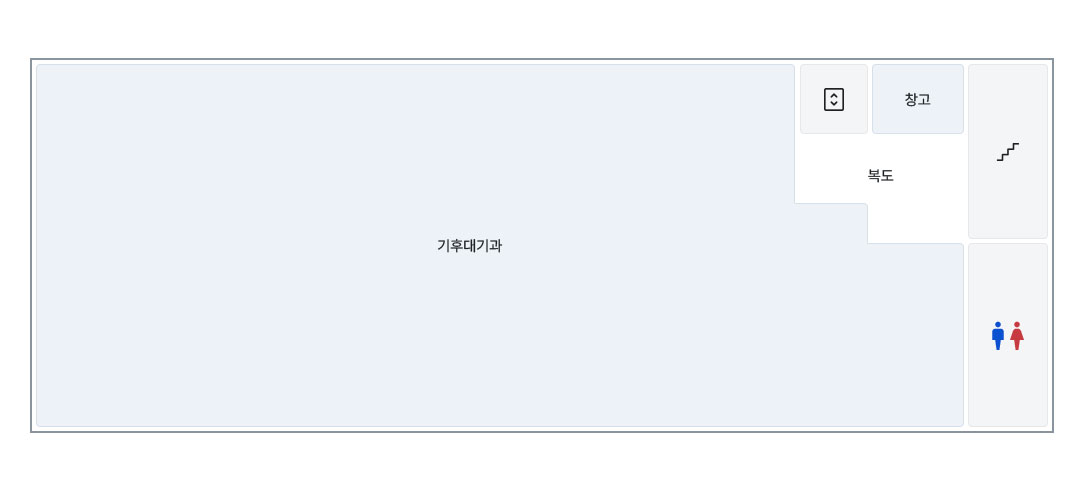 2층에는 기후대기과, 엘리베이터, 창고, 계단, 화장실이 위치하고 있습니다.